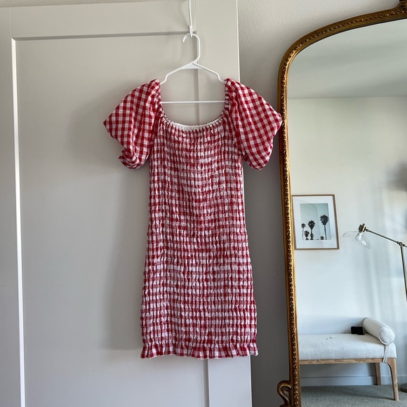 Ruched Gingham Dress with Puff Sleeves / Size M - Picture 3 of 5